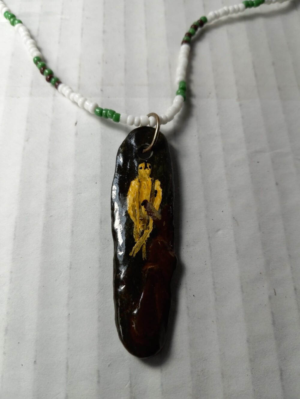 Handcrafted Hand Painted Figure w/Bird Polished Stone Resin Pendant Necklace Art